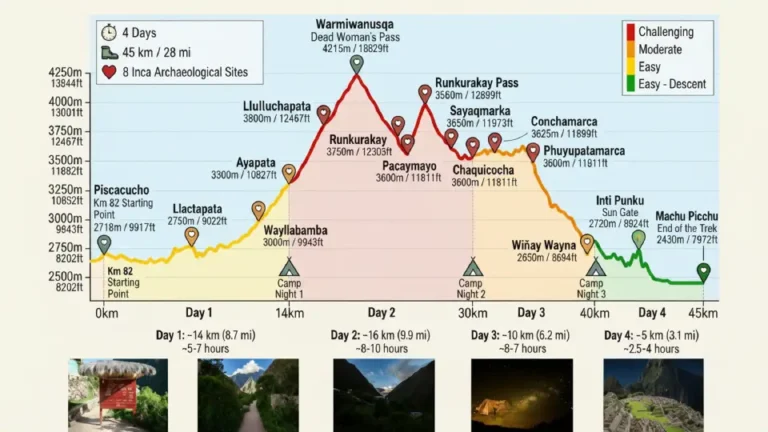High points of the four-day Inca Trail to Machu Picchu