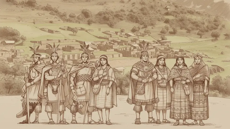 Illustration of the founding of the Inca Empire by the Ayar brothers with Maucallacta in Paruro in the background.