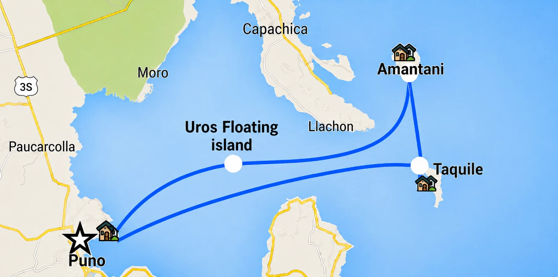 Map of Uros Amantani and Taquile islands on Lake Titicaca