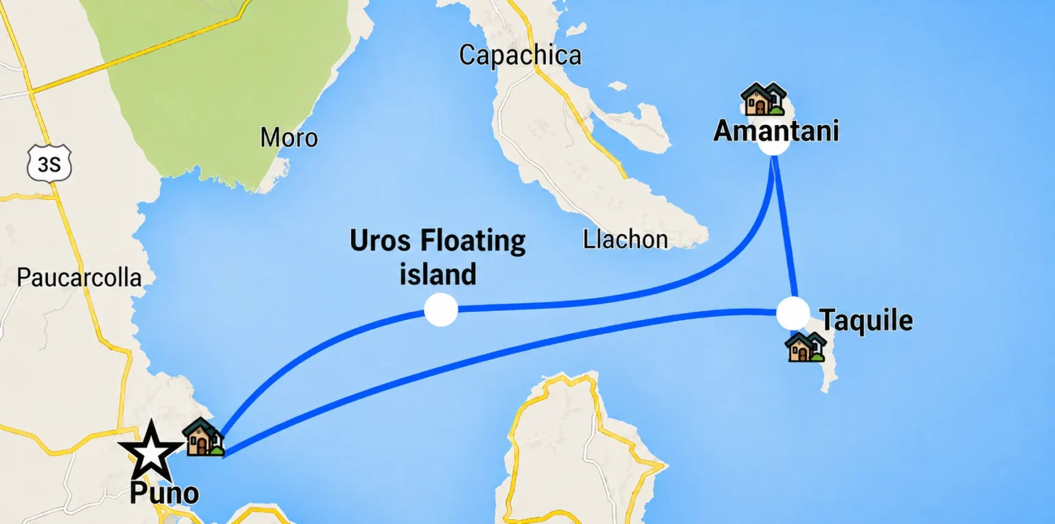 Map of Uros Amantani and Taquile islands on Lake Titicaca