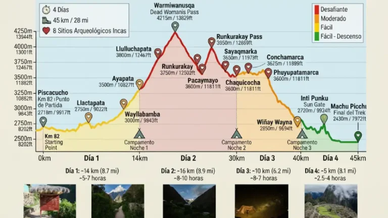 Mapa altitudinal de Camino Inca hacia Machu Picchu
