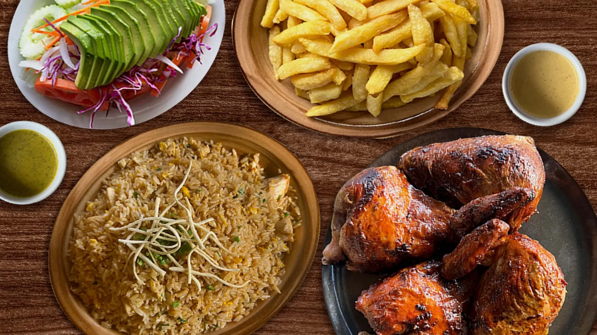 Peruvian Roast Chicken with Fries, Rice, and Salad