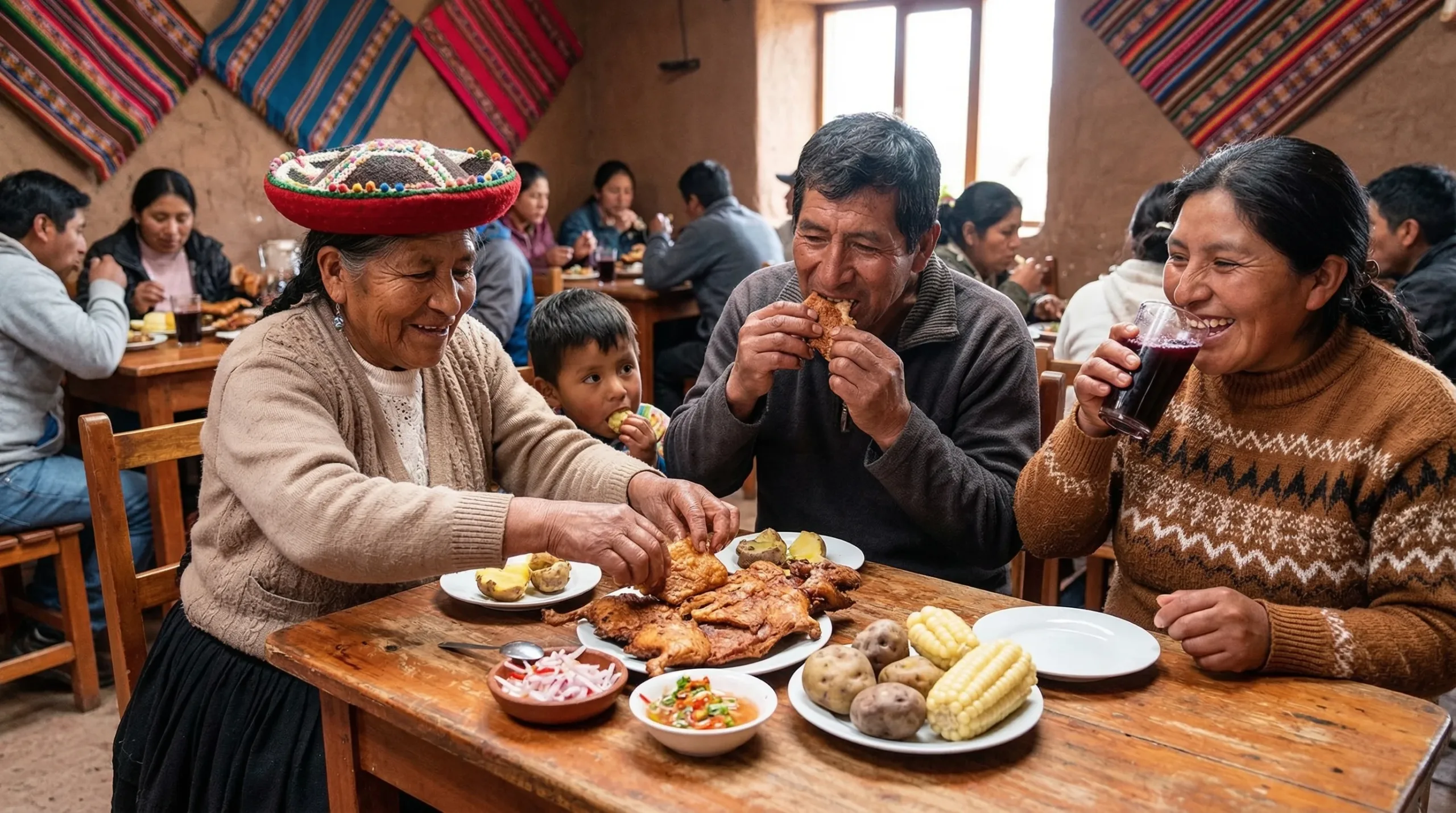 Peruvians eating guinea pig