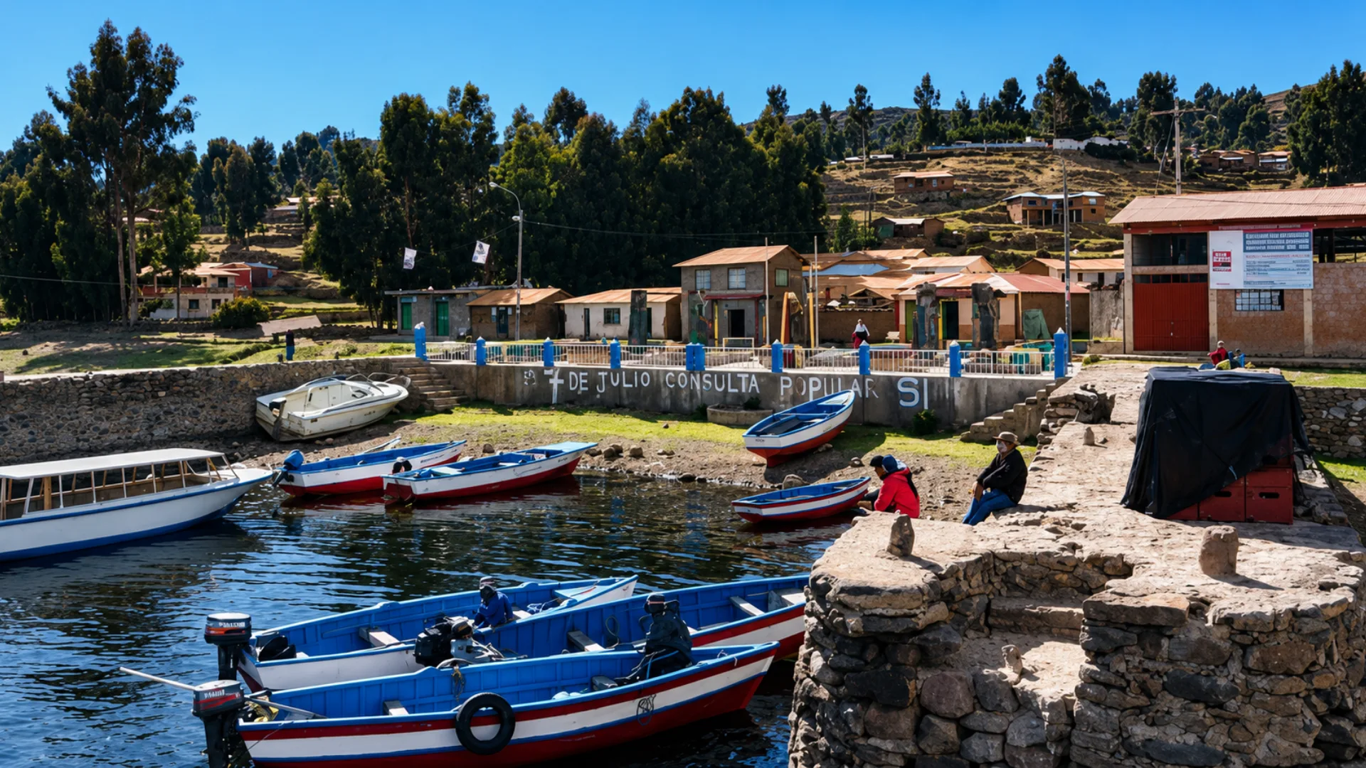 Boats at a remote Lake Titicaca island port