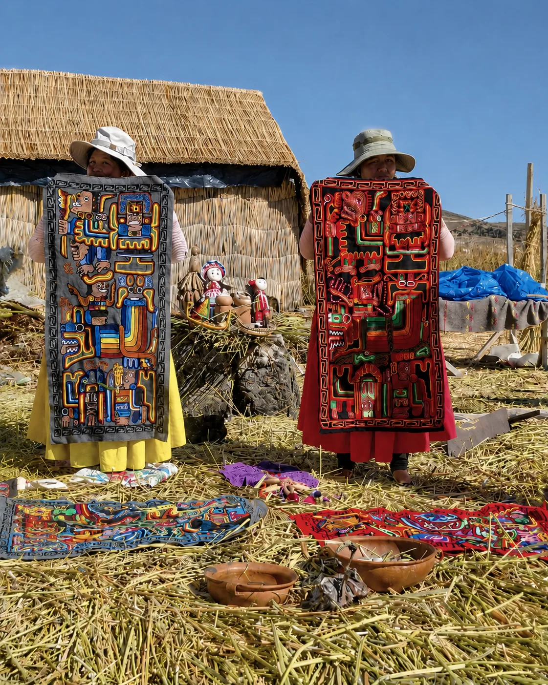 Traditional Uros textiles displayed on a floating island
