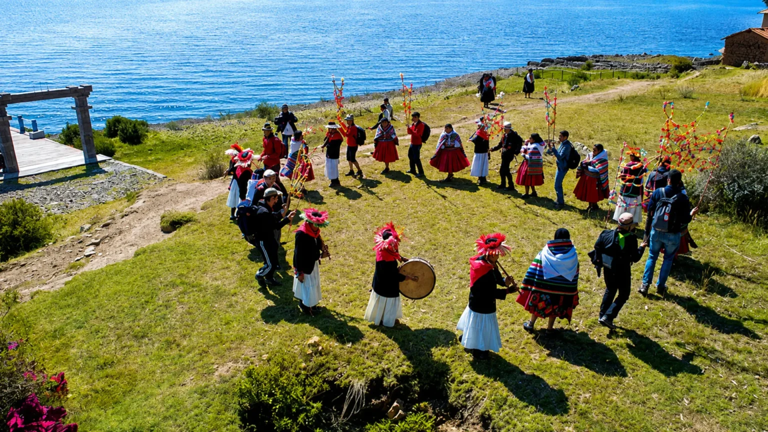 Traditional community dance during a cultural experience on Amantani Island
