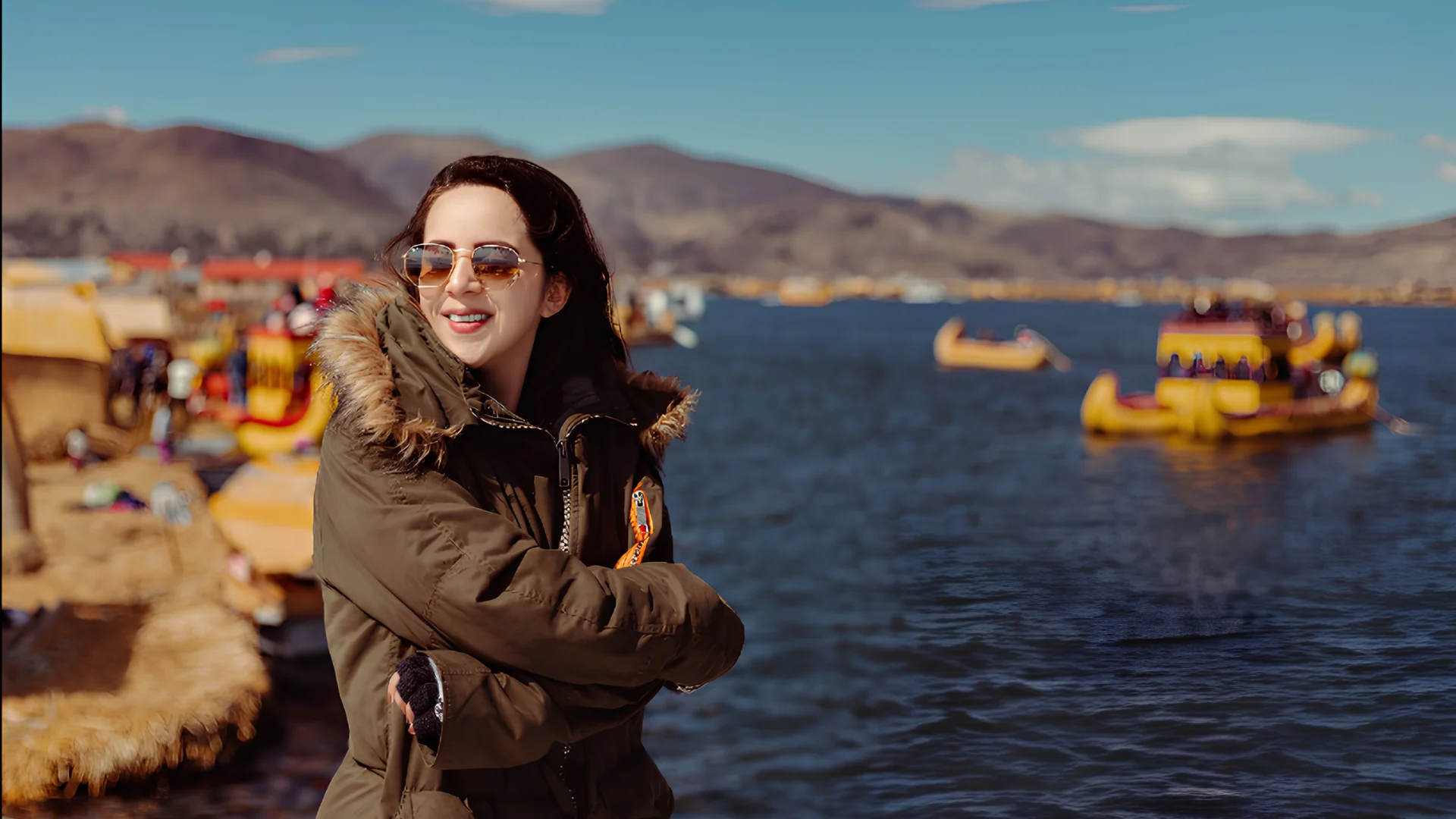 Traveler visiting the Uros Islands on Lake Titicaca