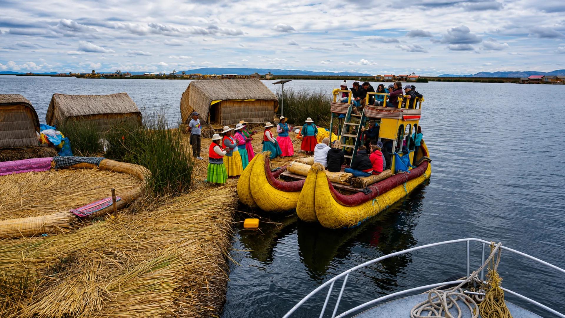 Travelers boarding a boat during a Uros Islands tour on Lake Titicaca