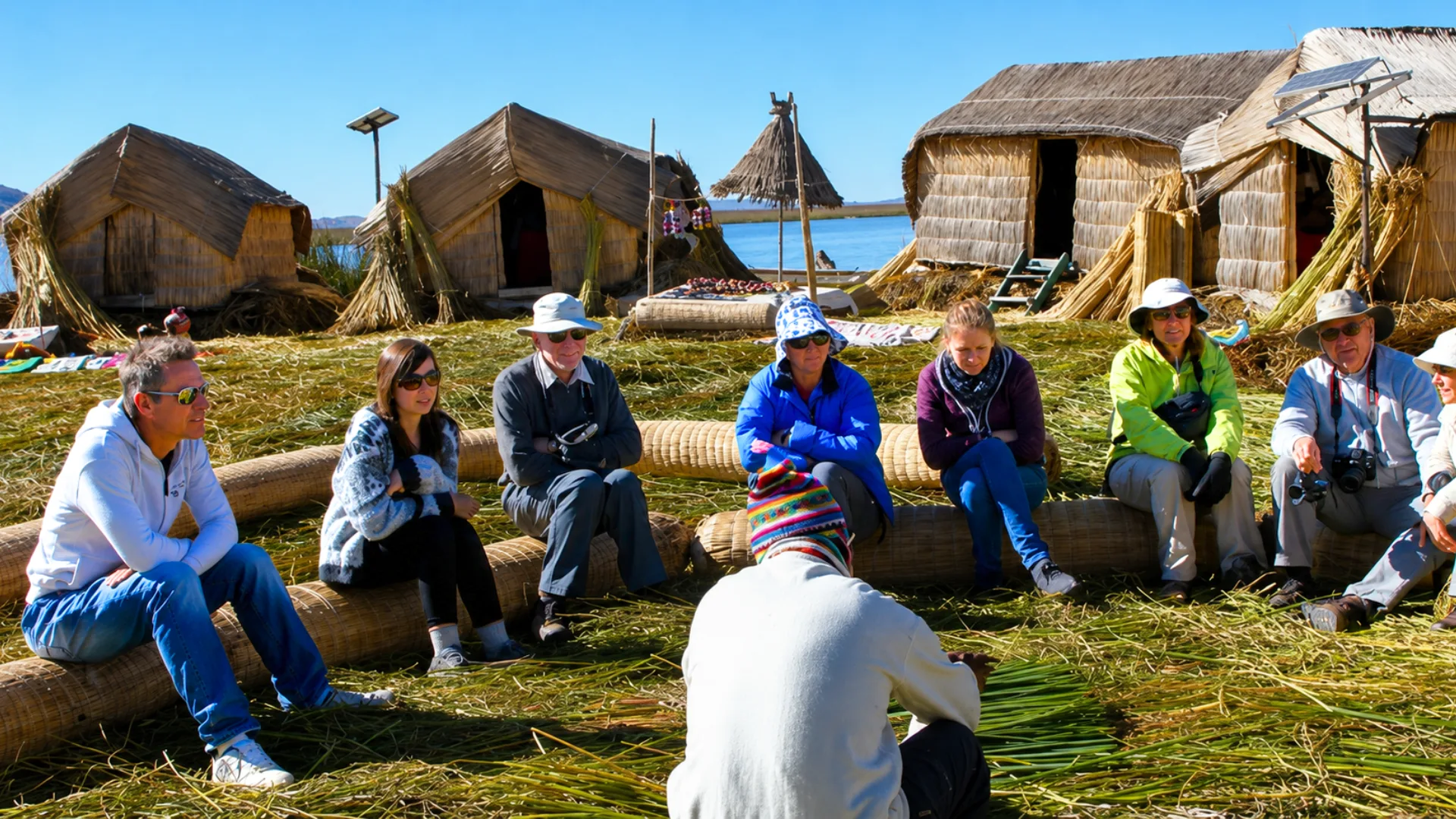 Travelers listening to a local guide on the Uros Islands