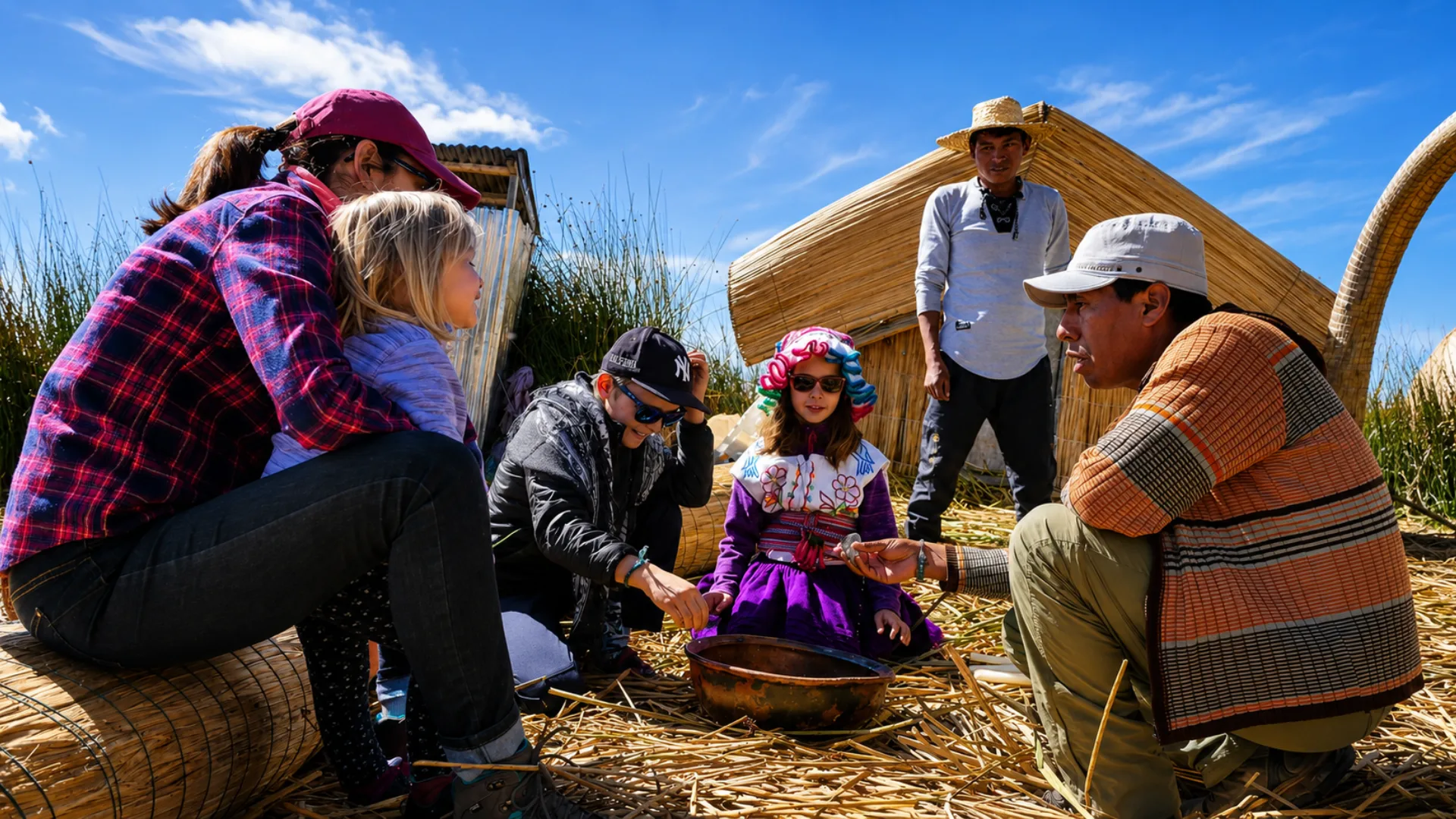 Travelers receiving tour information from a local guide on the Uros Islands