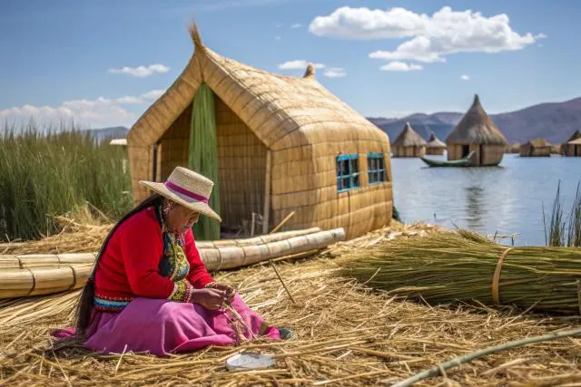 Uros woman beside a reed house on Lake Titicaca