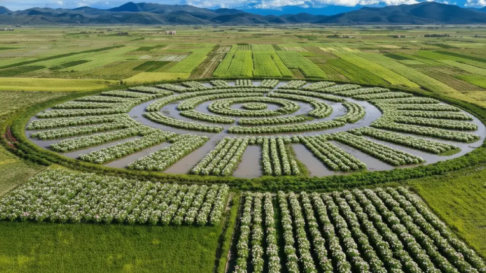 Plantación de papa en plena floración en los Waru Waru Puno