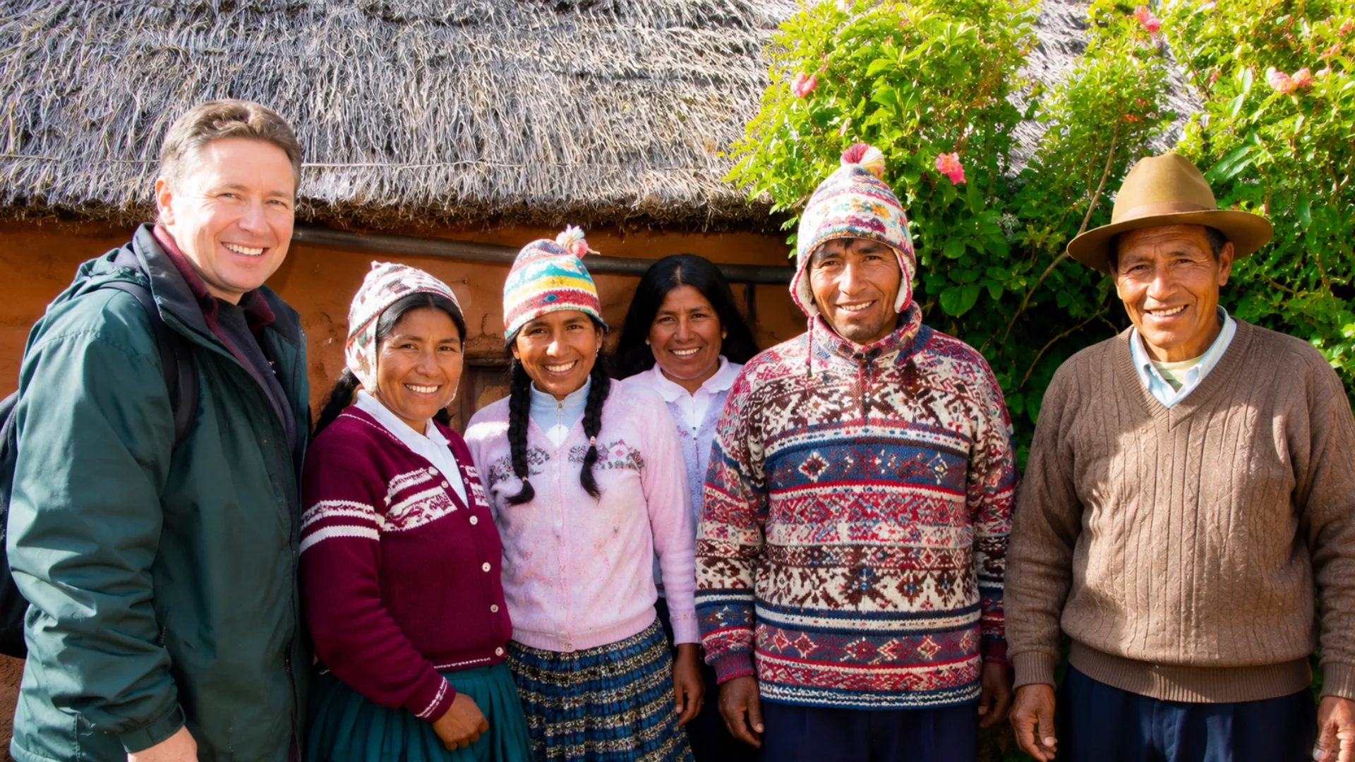 Local family welcoming travelers to a homestay on Amantani Island in Lake Titicaca