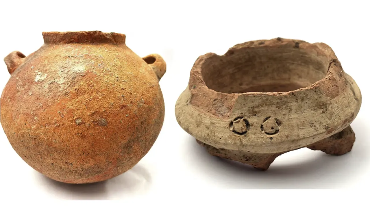 Archaeologists display ancient artifacts found during expansion works at Jorge Chávez Airport in Callao, Peru.
