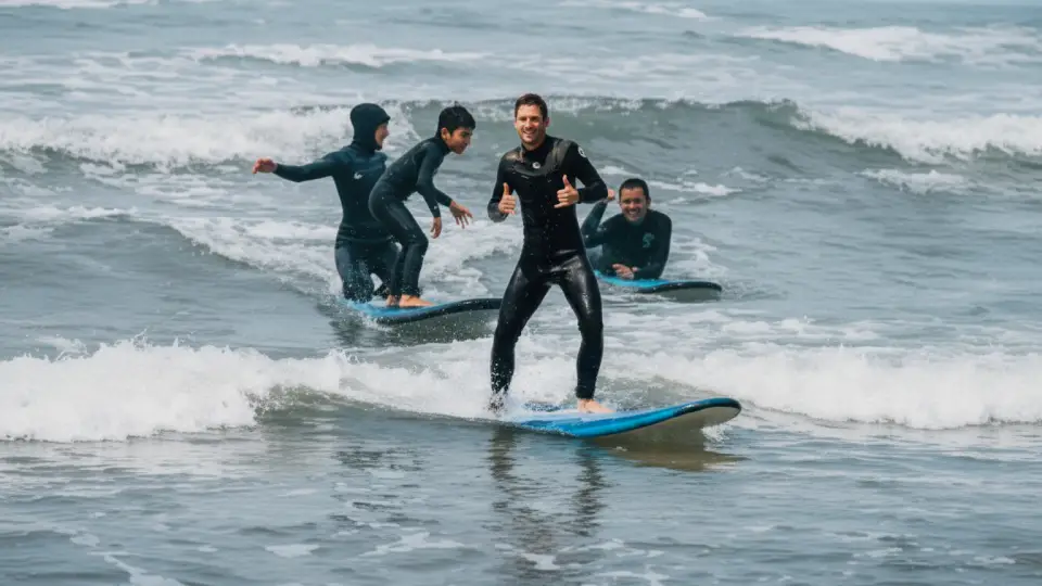 A family of tourists enjoying an afternoon of surfing