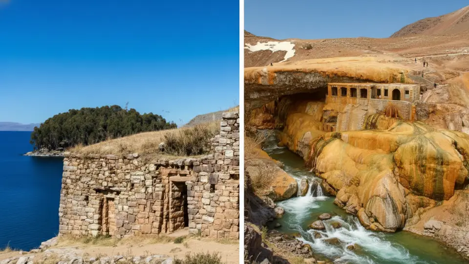 camino Inca del Qollasuyo que muestra el templo del sol dentro del lago Titicaca y el puente Inca en Argentina