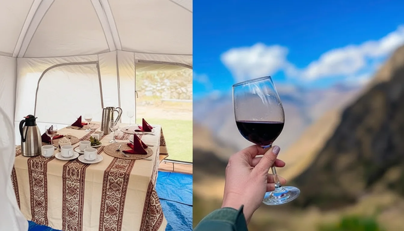campamento de Camino Inca de Lujo con sus bebidas y mesa