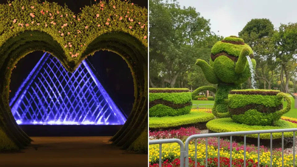 Hearts and teacups fountain during day and night inside the Magic Water Circuit in Lima