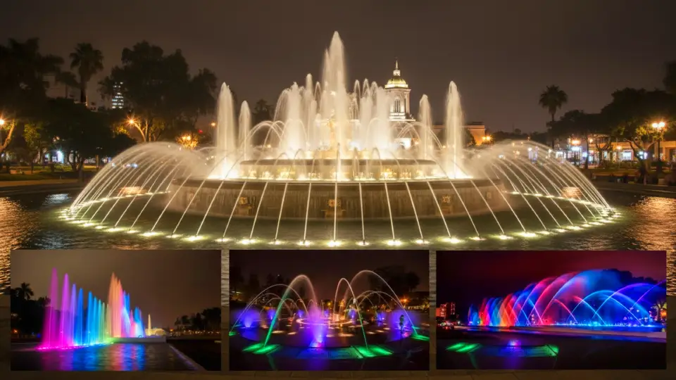 Water fountain displaying a light show at night in the Magic Water Circuit park in Lima