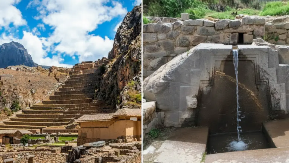 Pisac archaeological site showing terraces and the Bath of the Ñusta