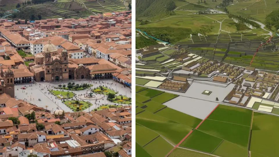 Plaza de Armas of Cusco today and in Inca times