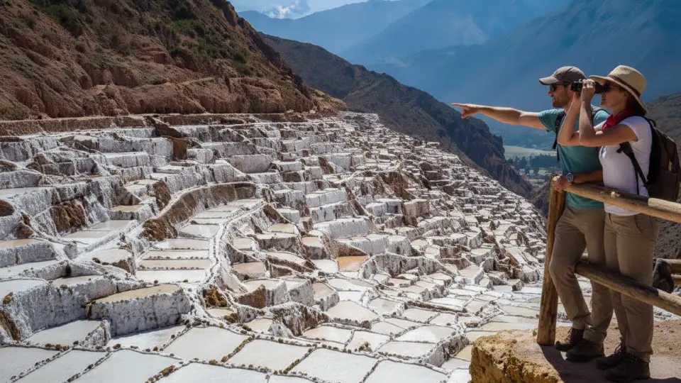 Tourists enjoying the view of the Maras salt mines