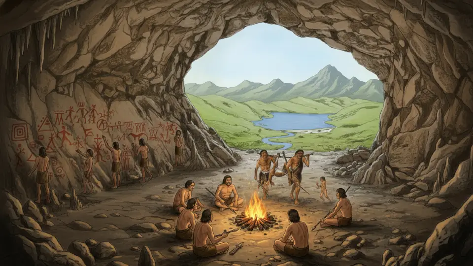 Drawing of the first inhabitants inside the Lauricocha cave
