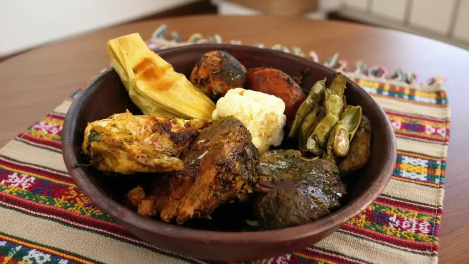 Plato típico de Pachamanca en Huánuco Perú