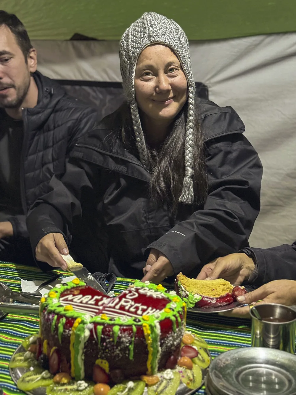 Honeymoon celebration cake during an Inca Trail camping experience