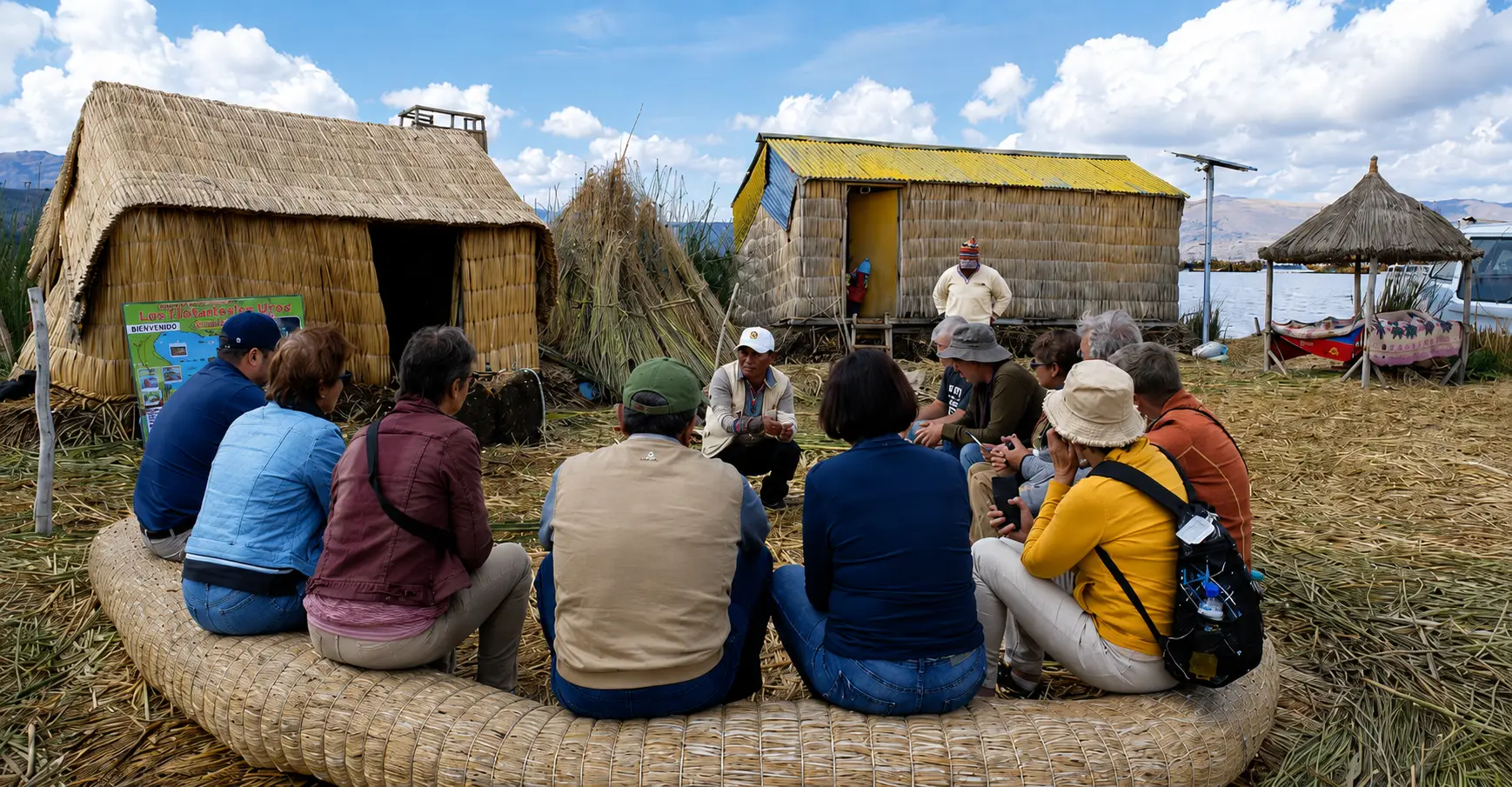 Local guide explaining life on the Uros floating islands