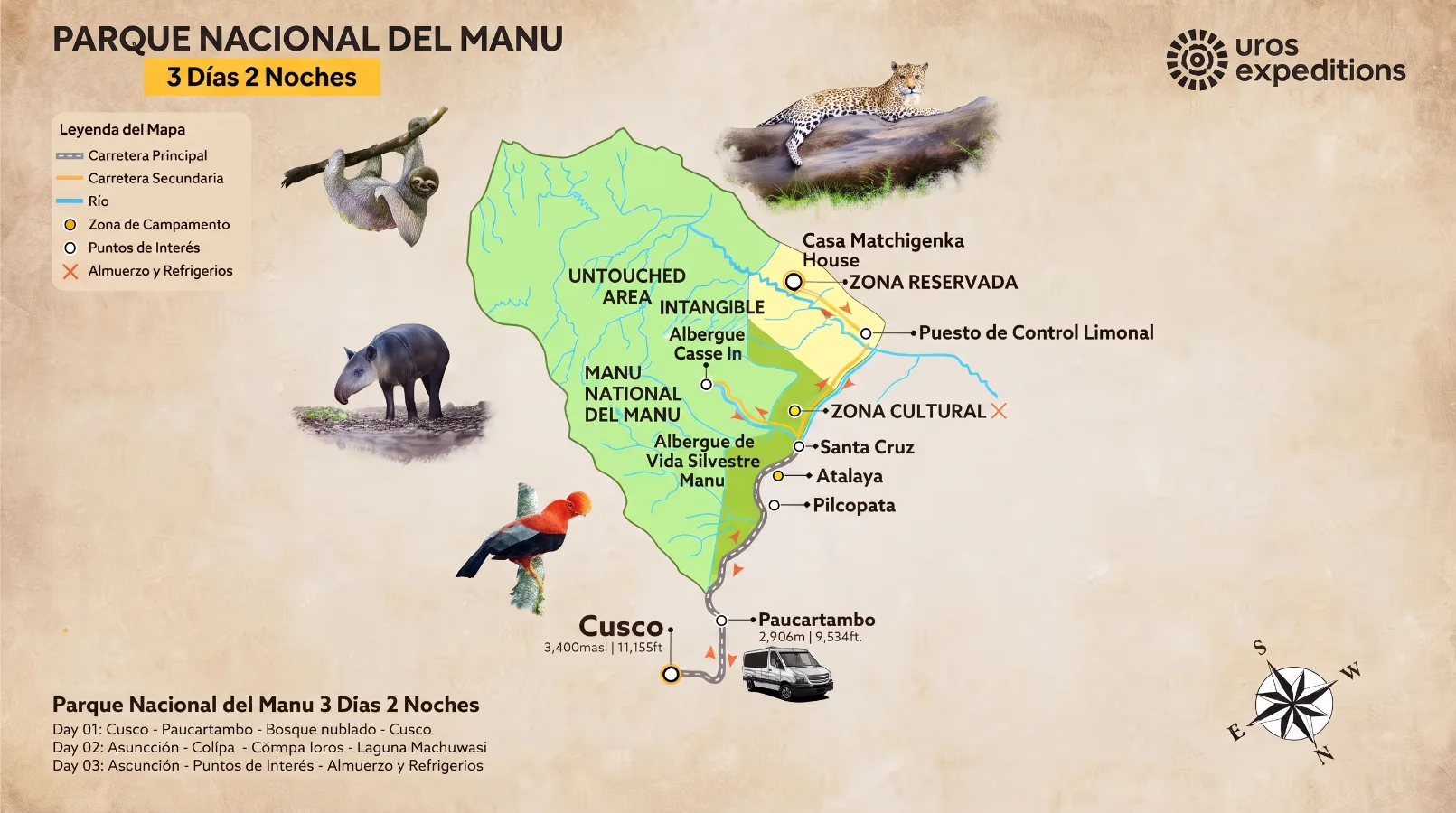 mapa del tour de parque nacional del manu de 3 dias