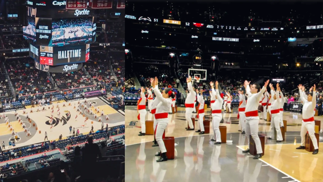 Peruvian artists perform traditional music and dances during an NBA game in the United States.