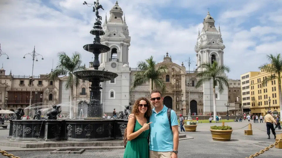Pareja de turistas extranjeros tomandose una foto en el centro historico de Lima