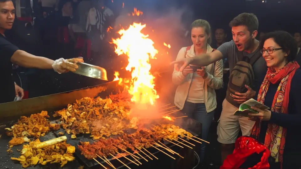 Turistas extranjeros disfrutando de la comida local - anticucho, en la ciudad de Lima