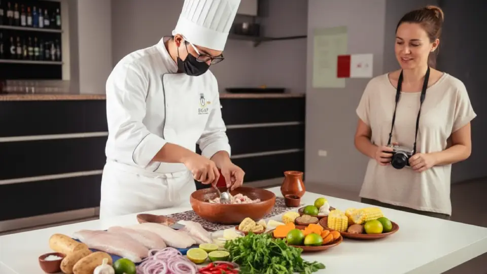 Turista disfrutando de la preparacion de ceviche en el tour gastronómico por Barranco