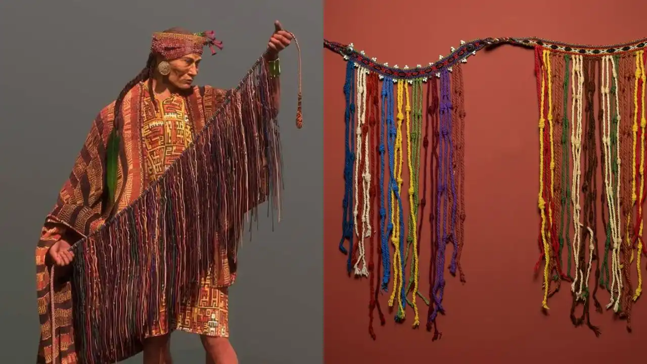 Quipucamayoc (quipu interpreter) and two quipus.