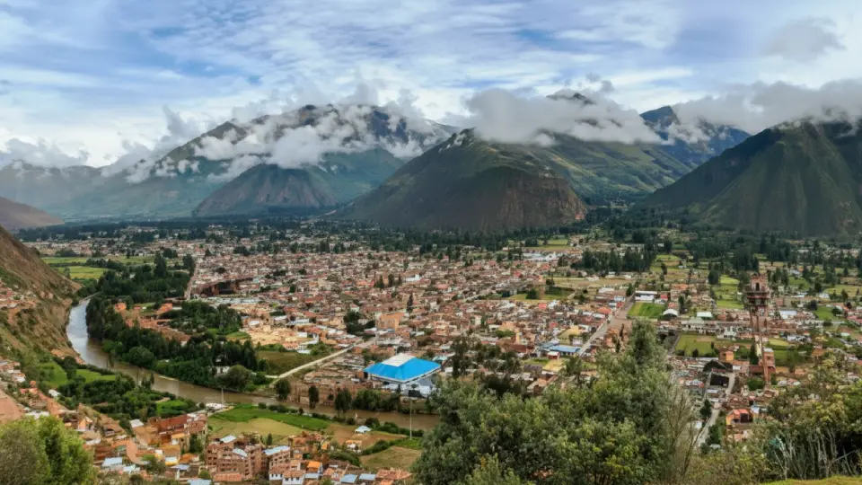 View from a lookout over the town of Urubamba in the Sacred Valley of the Incas