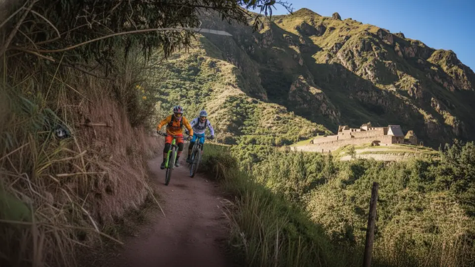 Young adventurers mountain biking in the Sacred Valley of the Incas