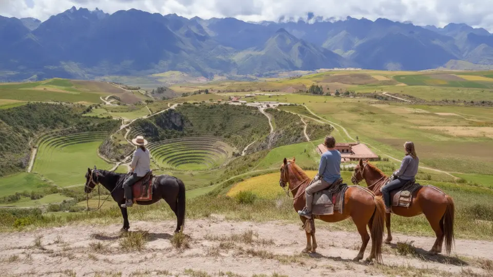 Family group enjoying an afternoon horseback ride through the terraces of Moray in the Sacred Valley of the Incas