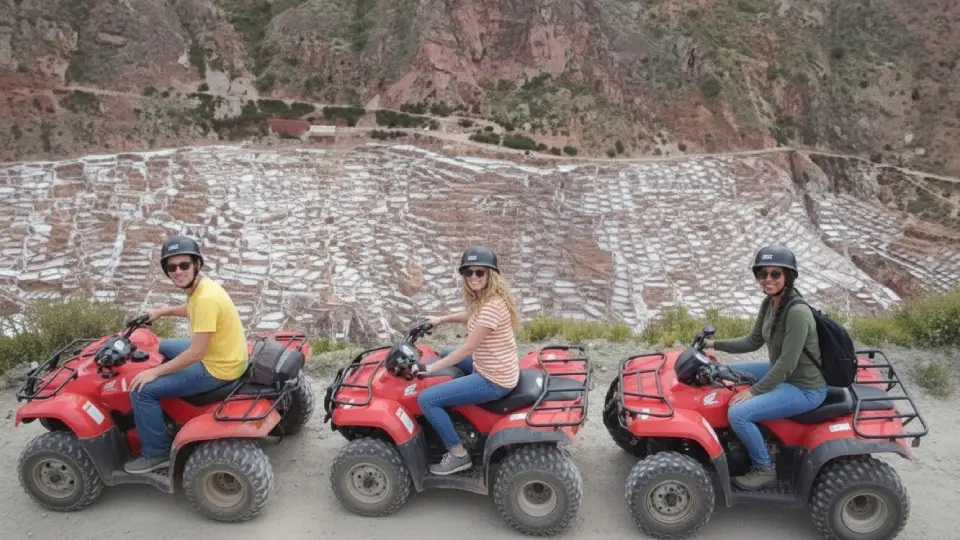 Happy travelers visiting the Maras salt mines by ATV