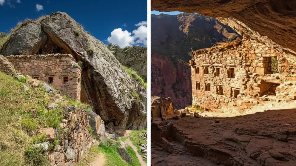 Ñaupa Iglesia showing the rocky outcrop and the huaca inside the Inca ceremonial center