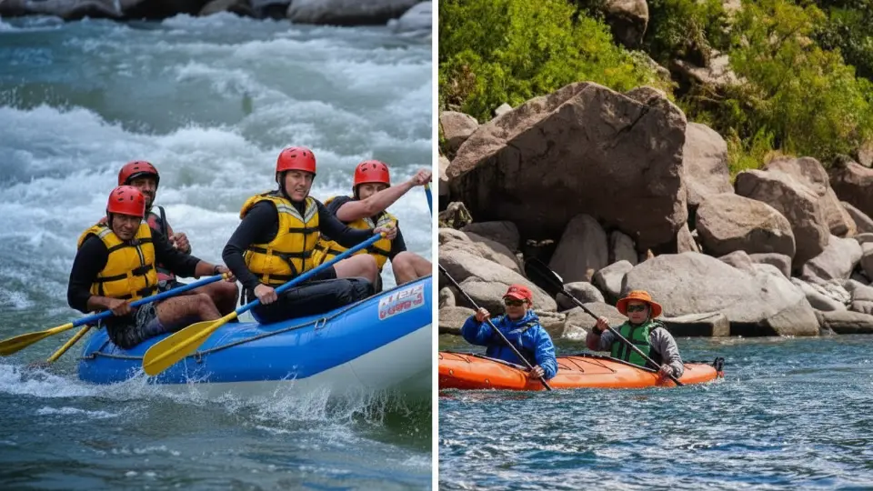 International travelers enjoying kayaking and rafting on the Urubamba River