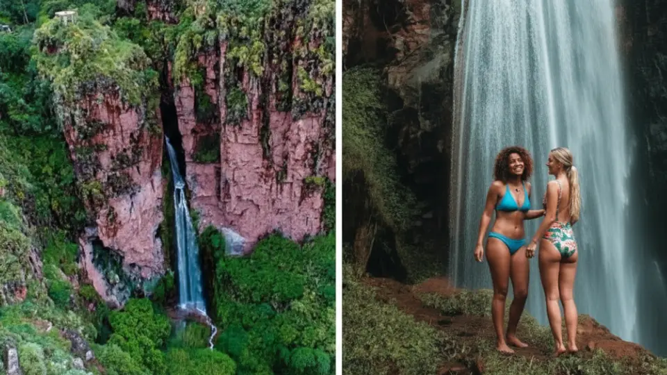Perolniyoc Waterfall, where two friends are getting ready for a refreshing dip before continuing their hike