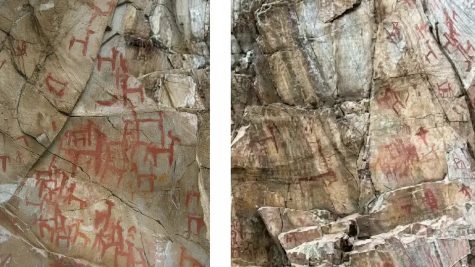 View of rock paintings made by the first nomadic people of Chahuaytire in the Sacred Valley of the Incas
