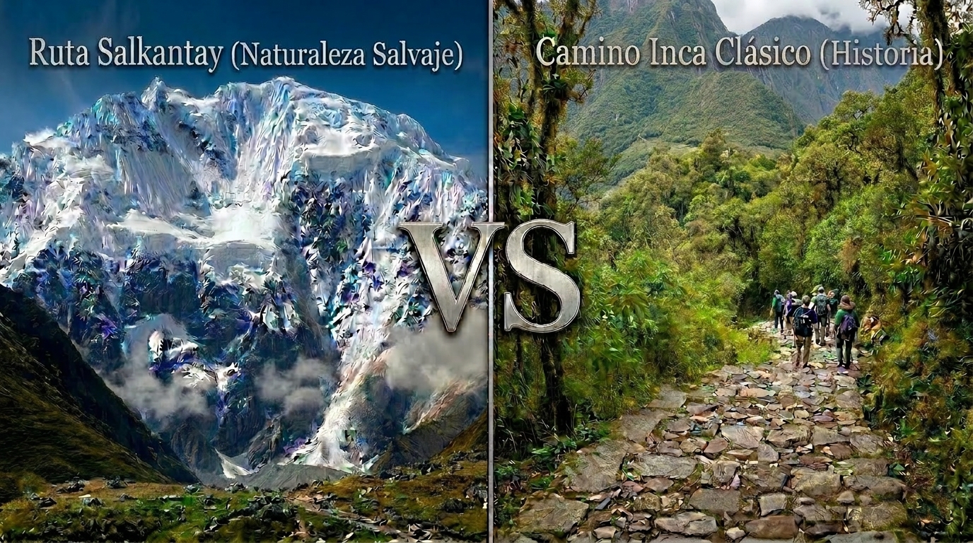 Imagen que muestra al nevado de Salkantay y la ruta de Camino Inca a Machu Picchu