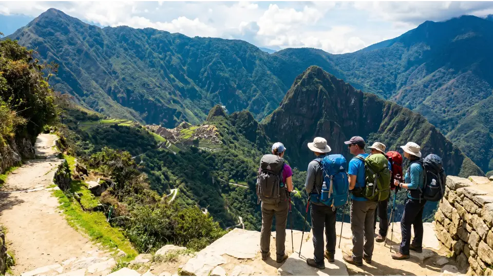Happy tourists enjoying their arrival at Machu Picchu