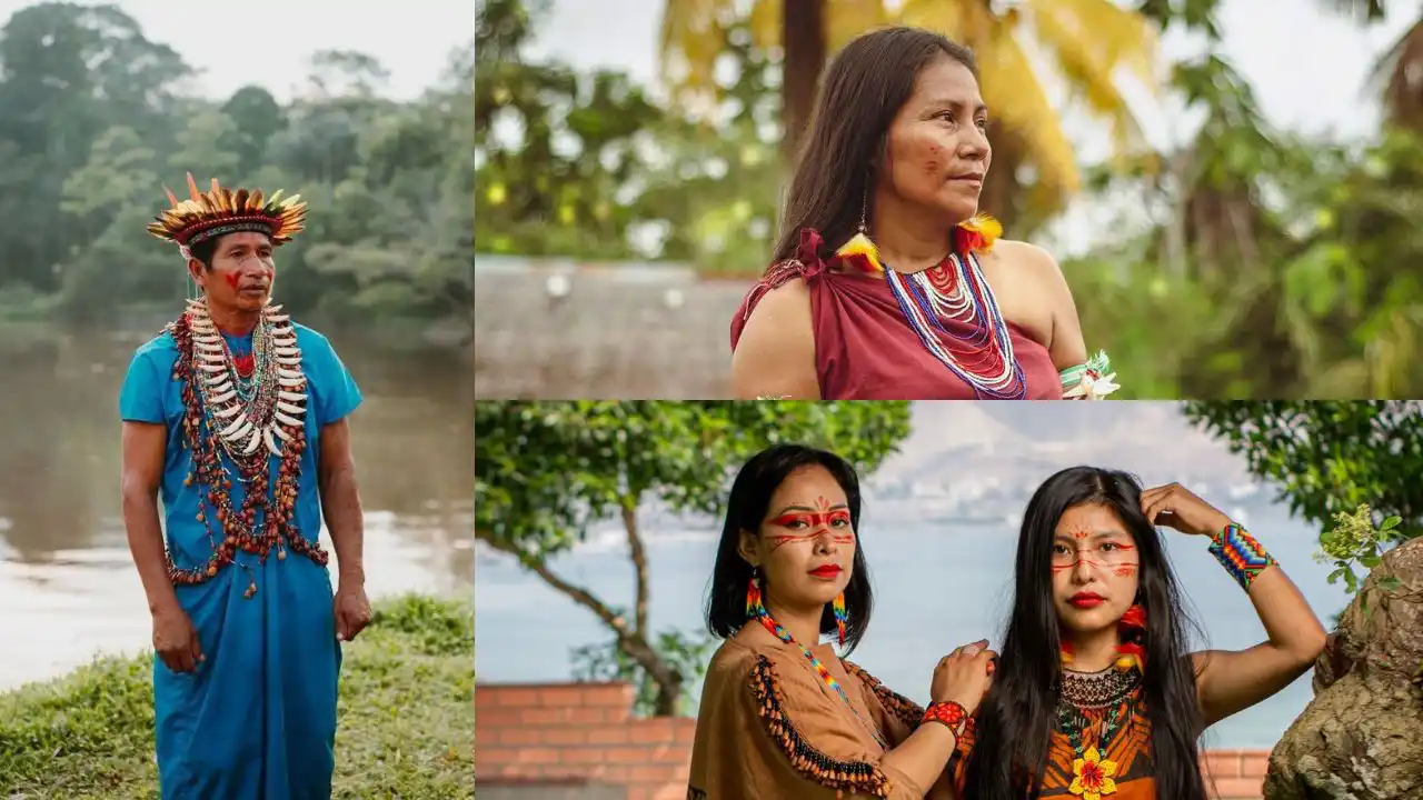 Traditional Awajún attire.