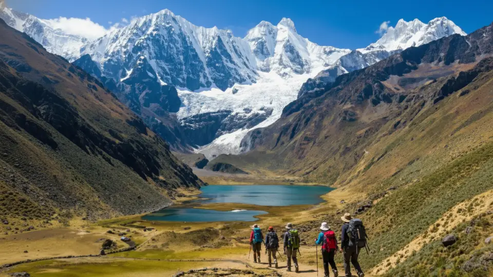 Tourists trekking in the Huayhuash mountain range in Huánuco, Peru
