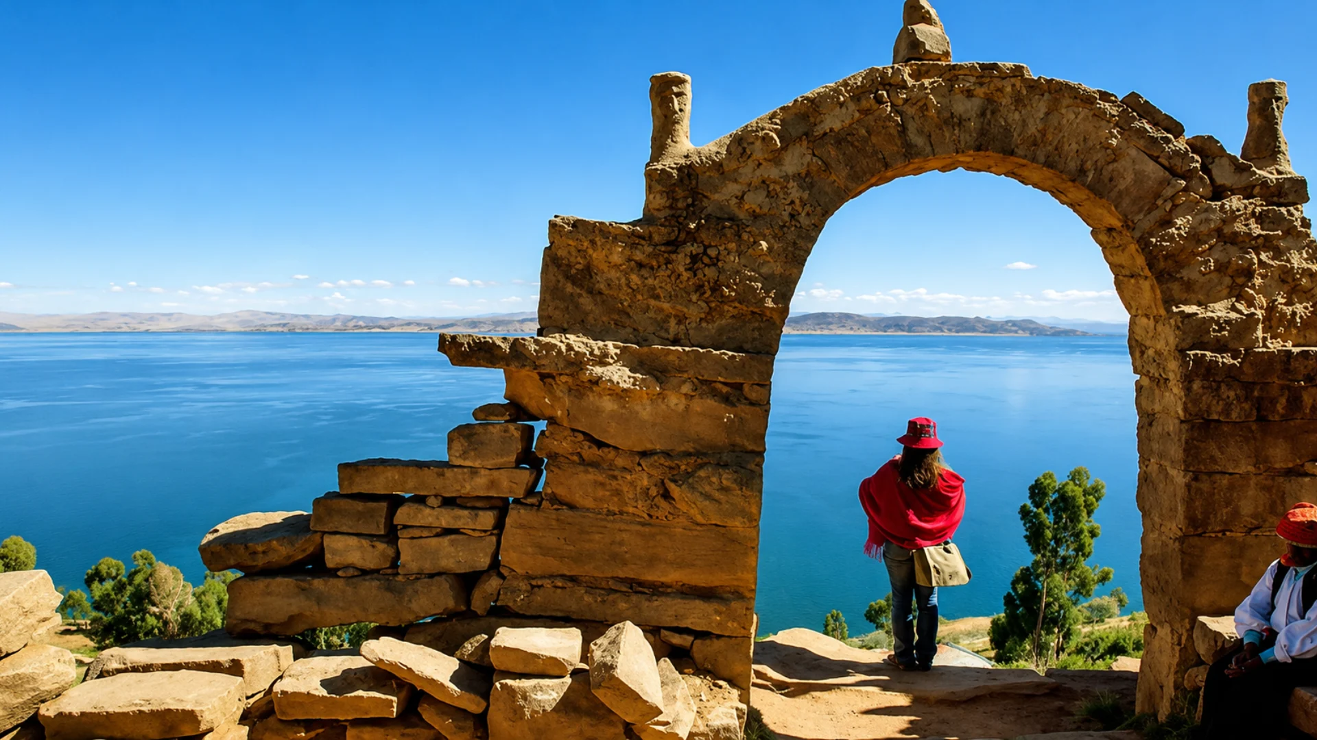 Collage of Taquile stone paths, a traditional reed boat, and Lake Titicaca island views